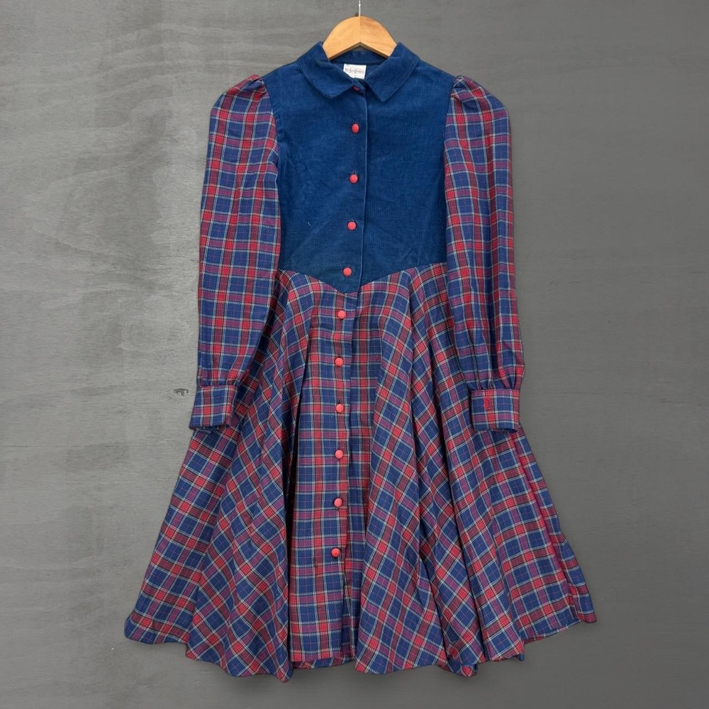 Vintage Yves Saint Laurent 70s Dress Blue Red Plaid Corduroy Fit and Flare  12